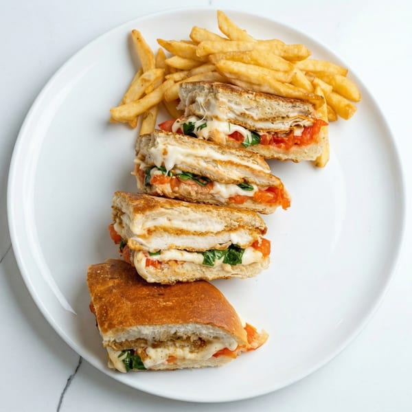 Four grilled chicken sandwiches with melted cheese, tomatoes, and spinach, served with fries.